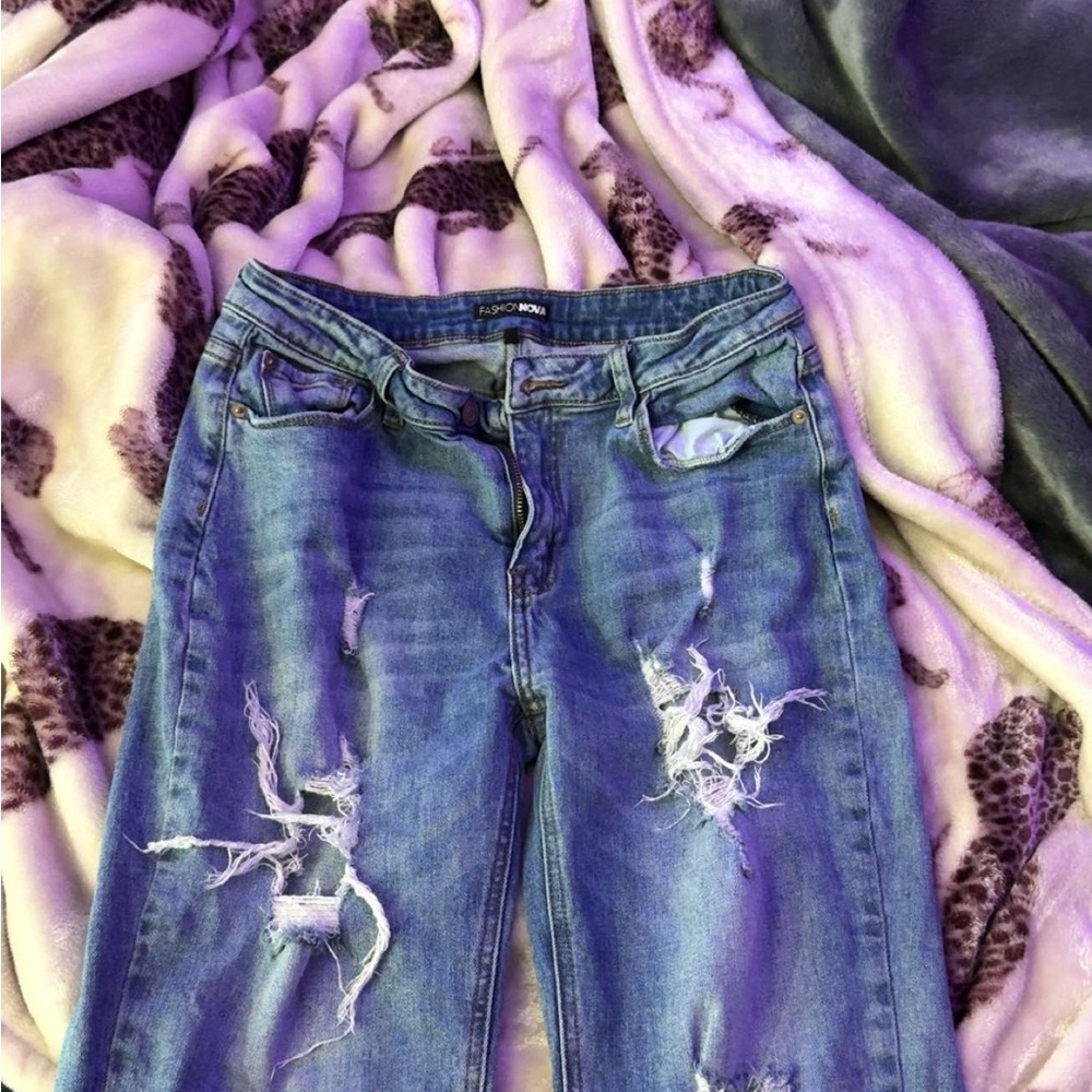 Fashion Nova Blue Boyfriend Jeans Distressed Style